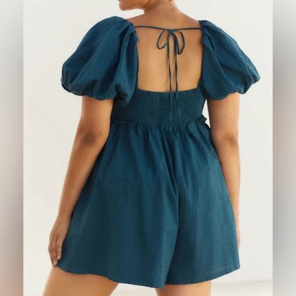 🟤NWT PILCRO Plus Puff-Sleeve Babydoll Romper in Dark Teal 1X